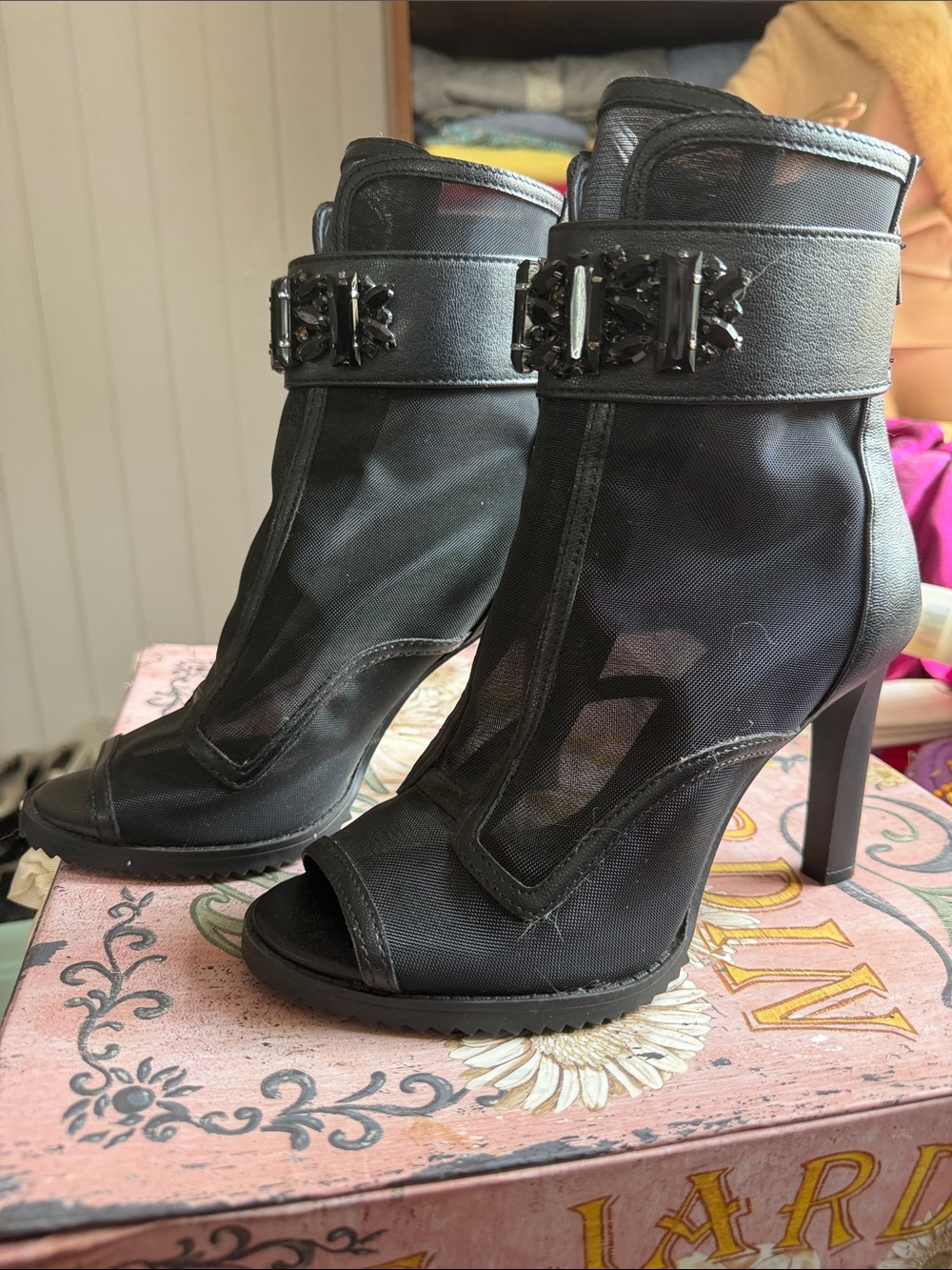 Karl Lagerfeld Black Mesh Peep-Toe Ankle Boots with Jeweled Strap